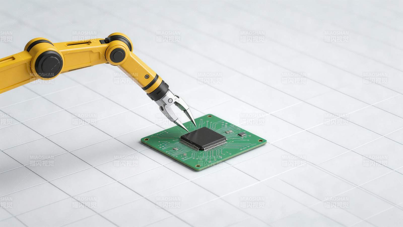 黄色机械臂精准安装芯片于电路板图片