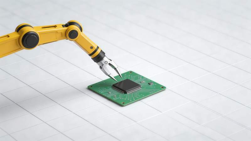 黄色机械臂精准安装芯片于电路板图片