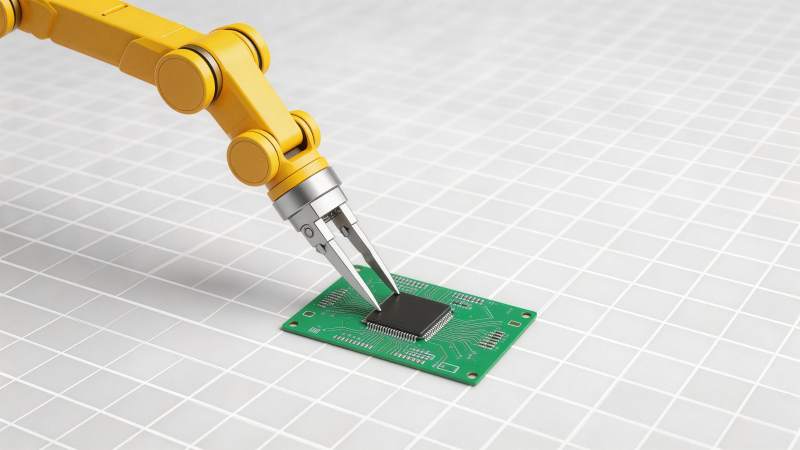 黄色机械臂精准夹取电路板芯片图片