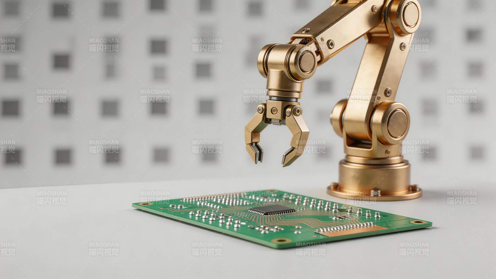 金色机械臂操作绿色电路板的工业场景图片