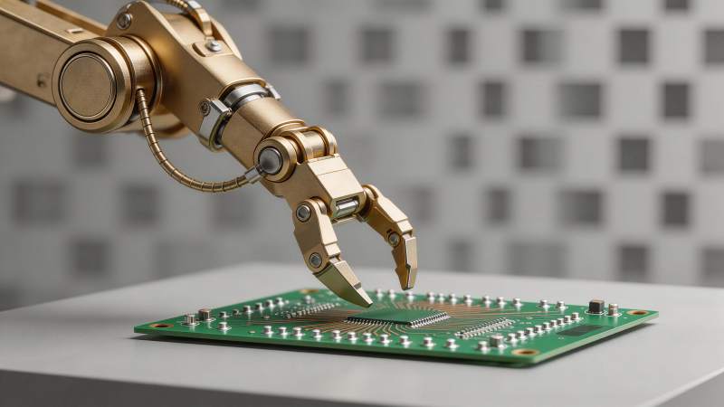 金色机械臂精准操作绿色电路板图片
