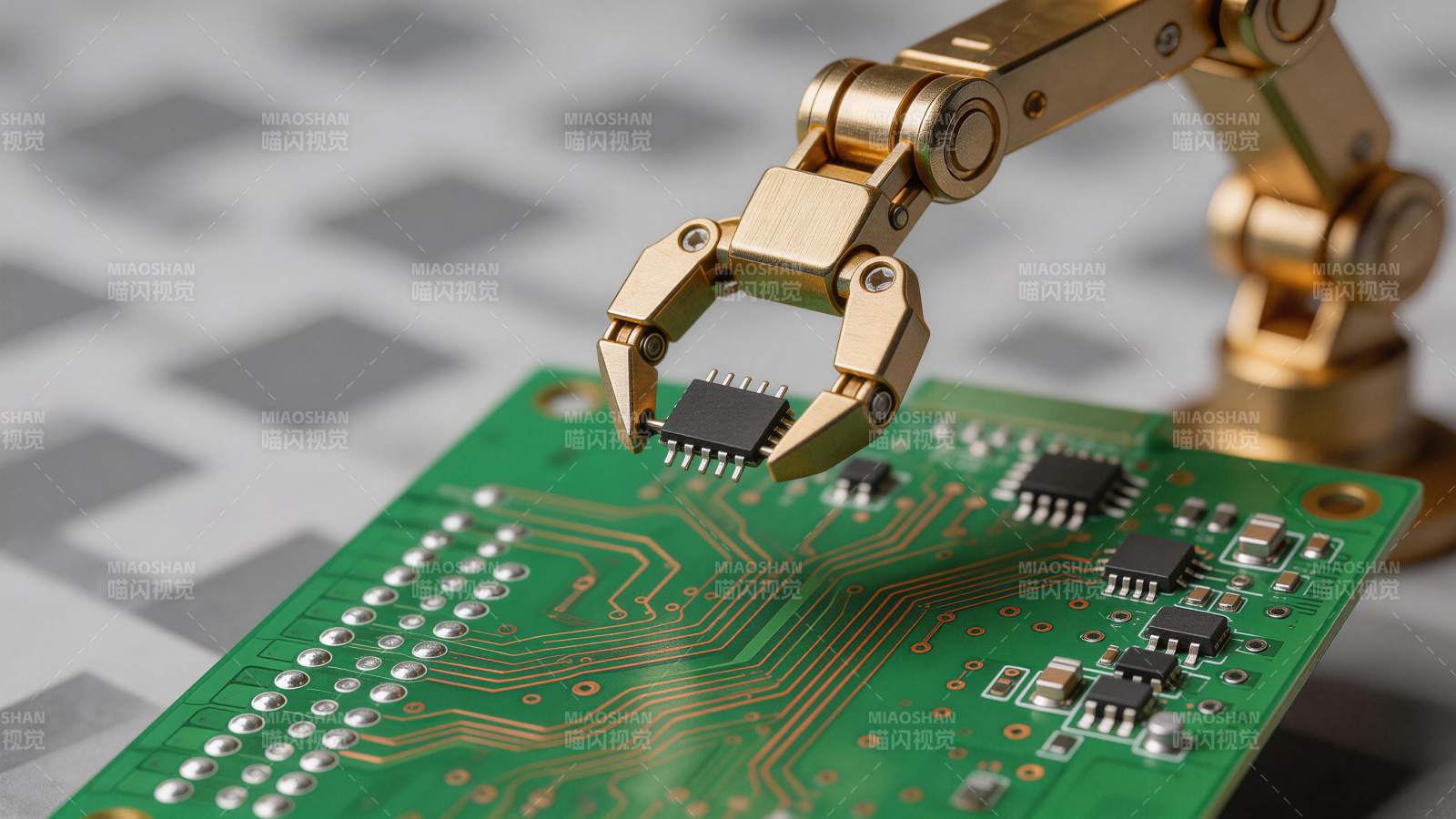 金色机械臂抓取芯片安装于绿色电路板图片