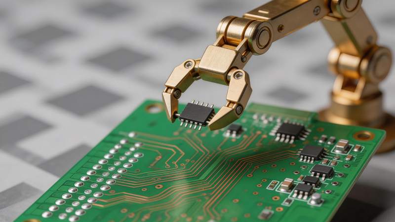 金色机械臂抓取芯片安装于绿色电路板图片