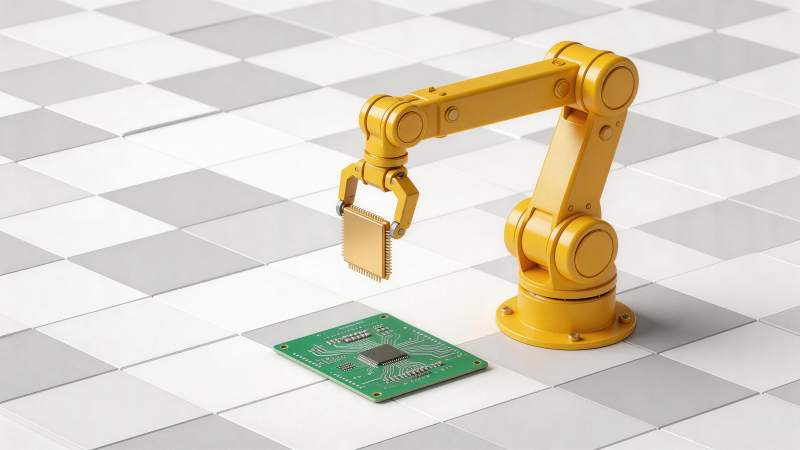 黄色机械臂抓取芯片放置电路板图片