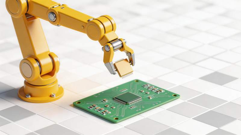 黄色机械臂精准安装芯片至绿色电路板图片