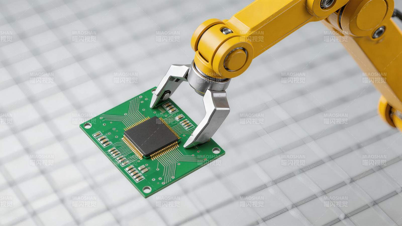 黄色机械臂夹持绿色电路板进行精密操作图片