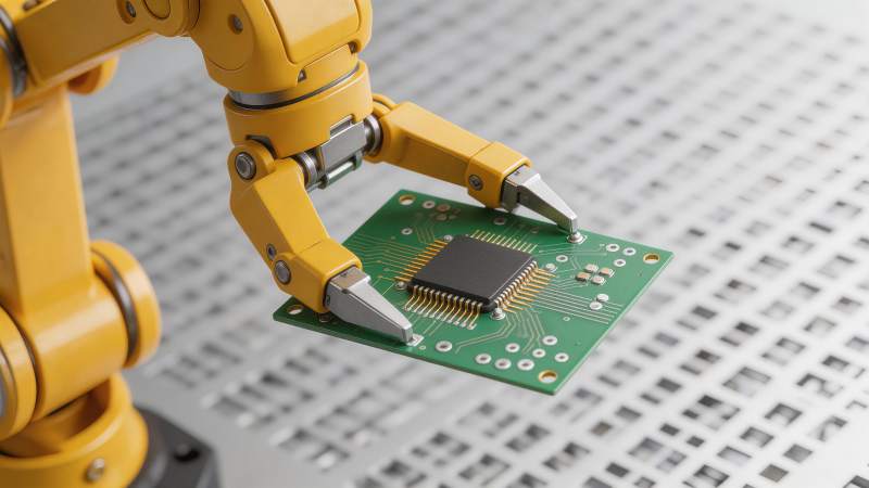 黄色机械臂夹持绿色电路板进行精密操作图片