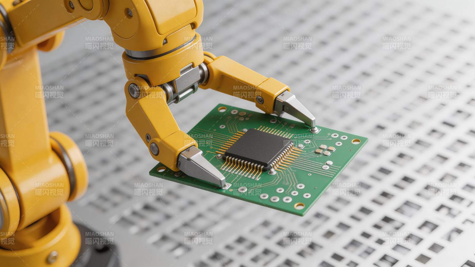 黄色机械臂夹持绿色电路板进行精密操作图片