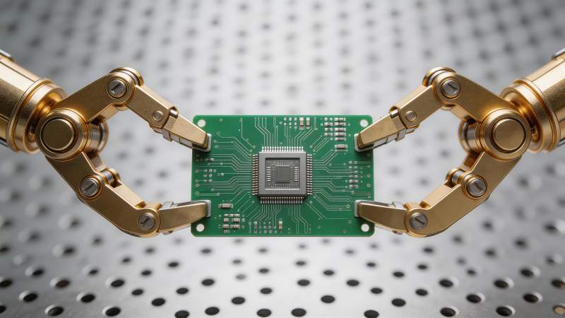 金色机械臂夹持绿色电路板特写图片