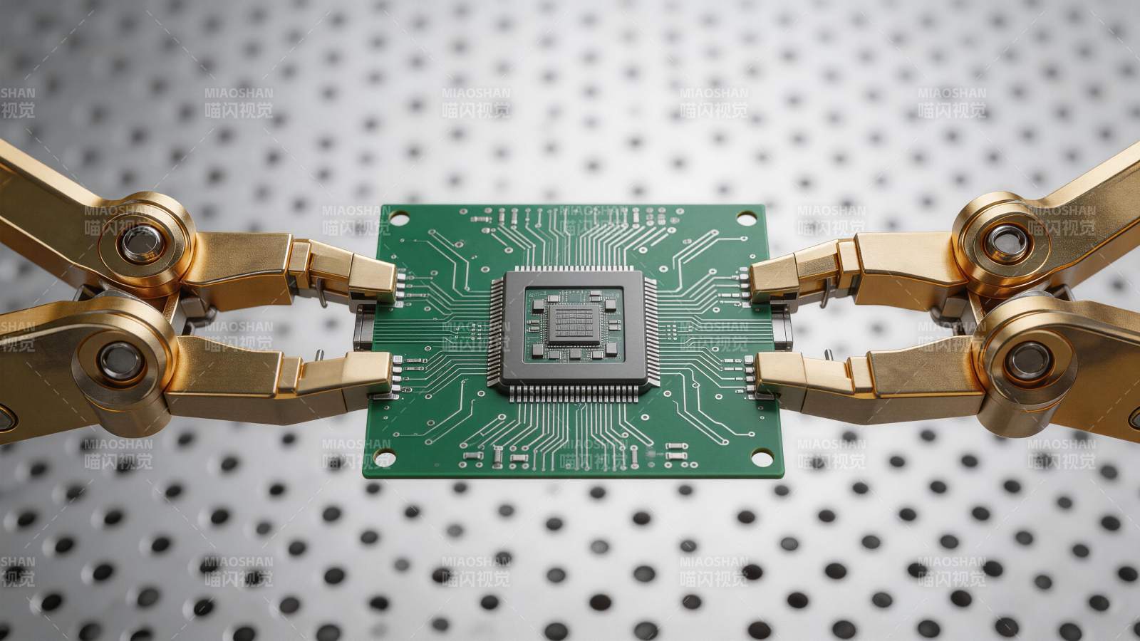 金色机械臂夹持绿色电路板芯片特写图片