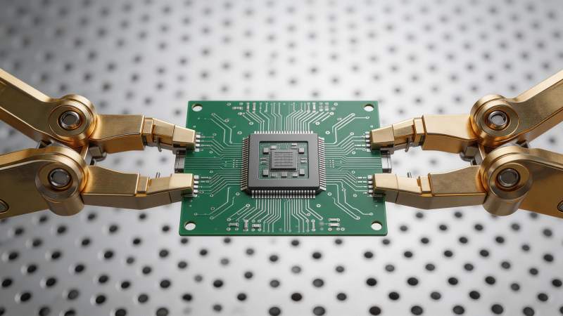 金色机械臂夹持绿色电路板芯片特写图片