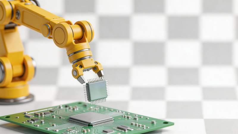 黄色机械臂精准抓取芯片放置电路板图片