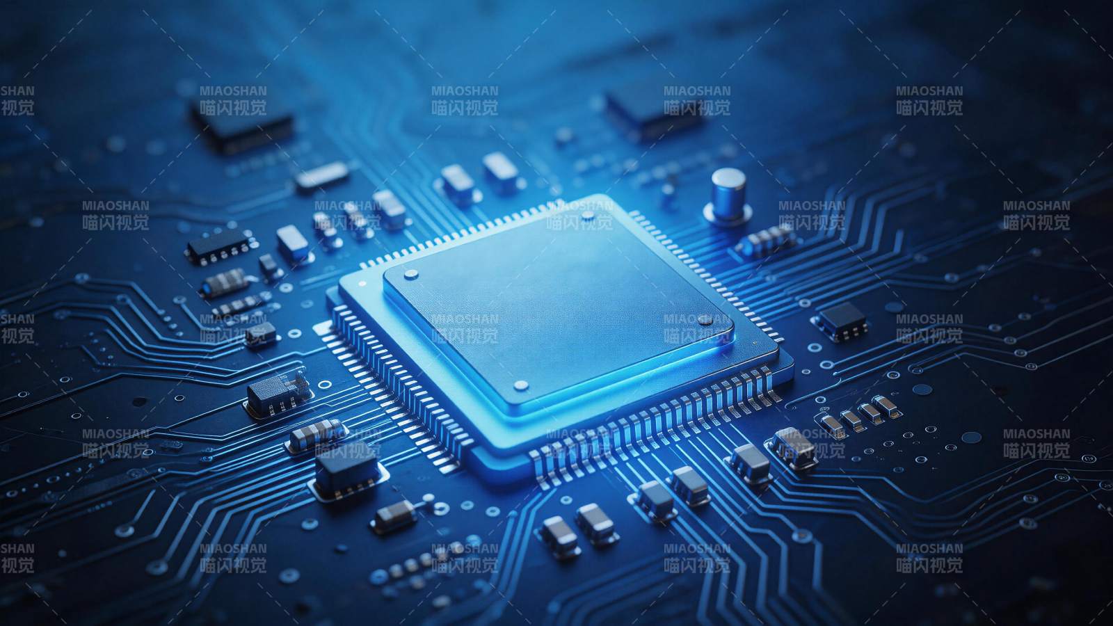 蓝色光效下的集成电路芯片特写图片