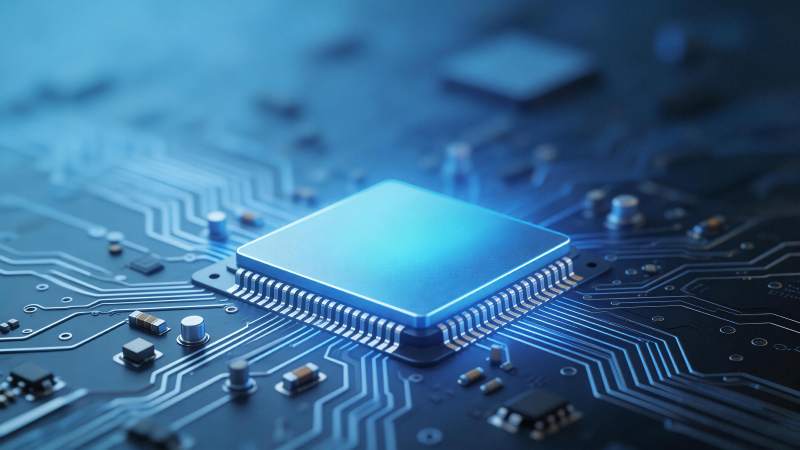 蓝色光效下的集成电路芯片特写图片