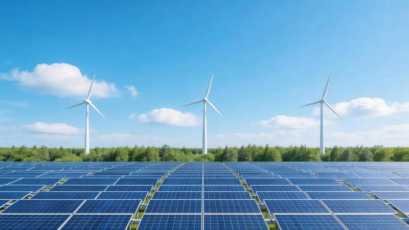 太阳能电池板阵列与风力发电机并列景观图片