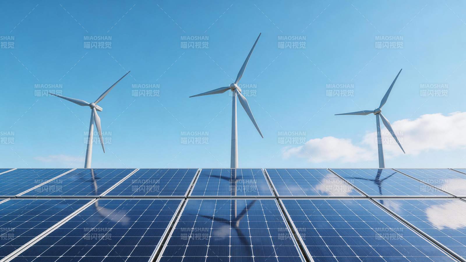 风力发电机与太阳能电池板并列排列场景图片