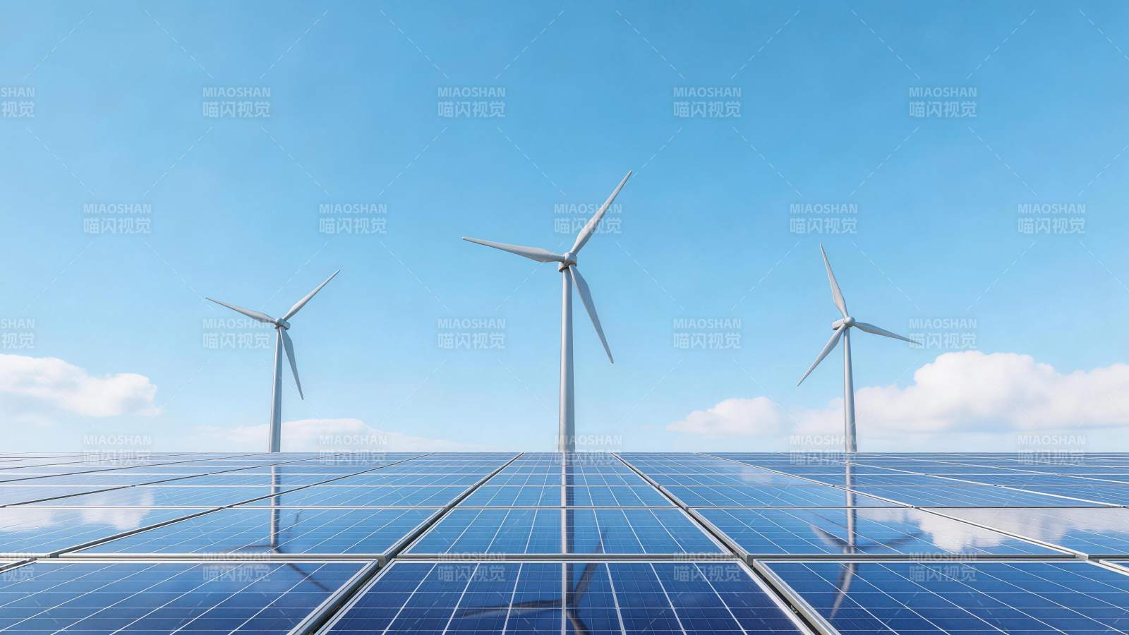 太阳能板阵列与风力发电机并列场景图片