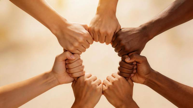 多只不同肤色手掌紧握成环形团结象征图片