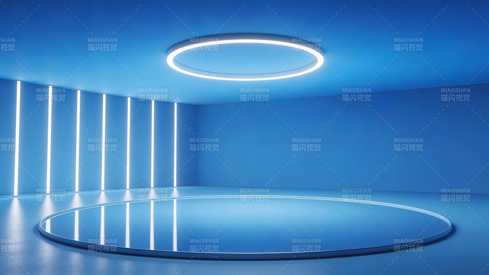 蓝色空间内环形灯与竖条光带构成的现代展示图片