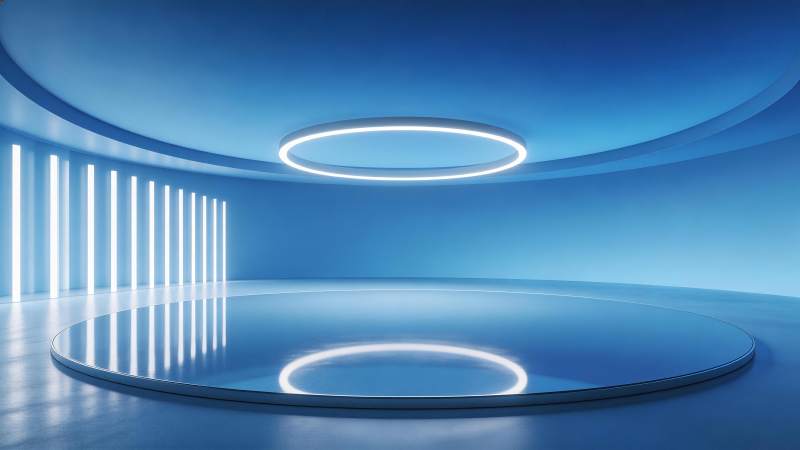 蓝色科技感圆形舞台与环形灯光装置图片