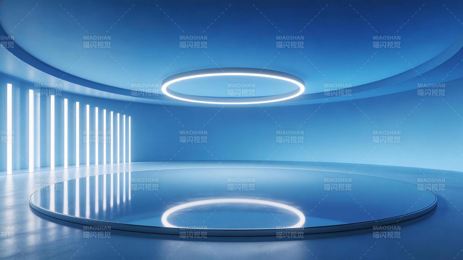 蓝色科技感圆形舞台与环形灯光装置图片