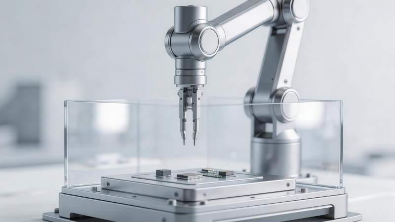 工业机械臂精准操作芯片组件作业场景图片