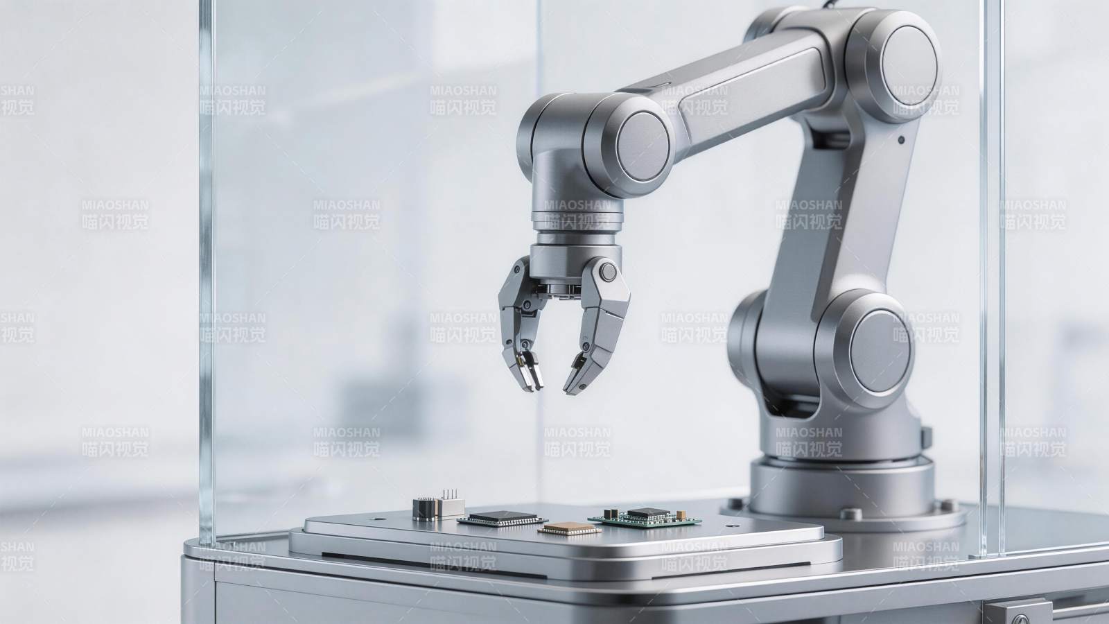 工业机械臂精准抓取电子元件作业场景图片