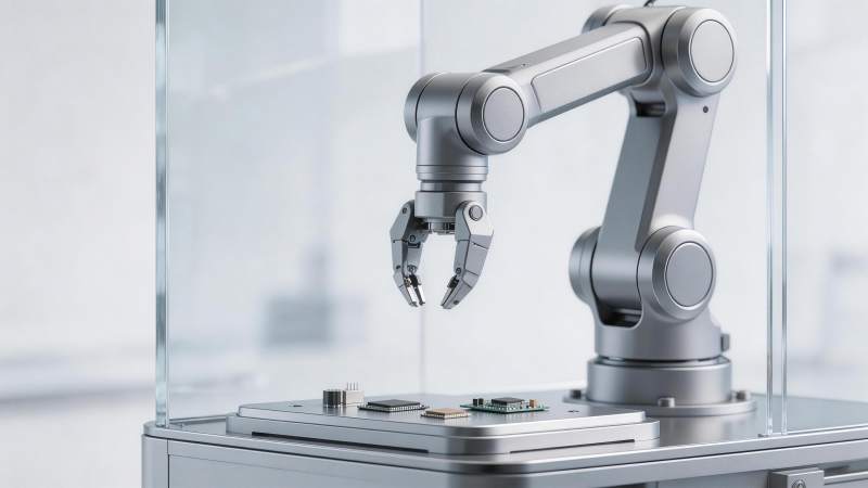 工业机械臂精准抓取电子元件作业场景图片