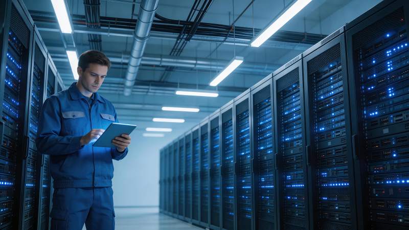 数据中心内技术人员手持平板检查服务器运行图片