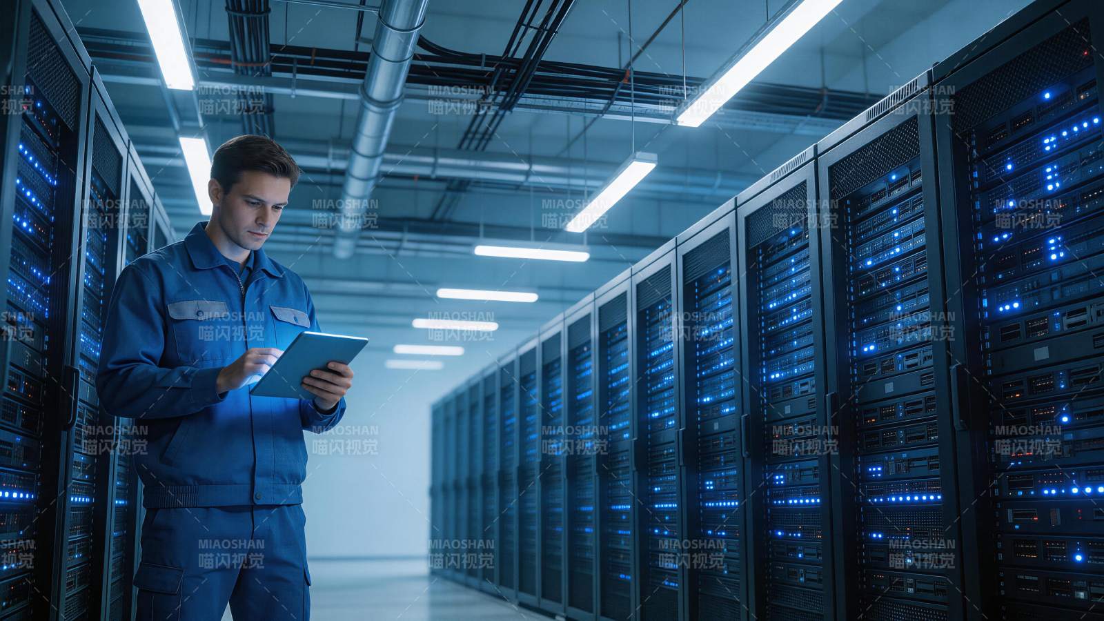 数据中心内技术人员手持平板检查服务器运行图片