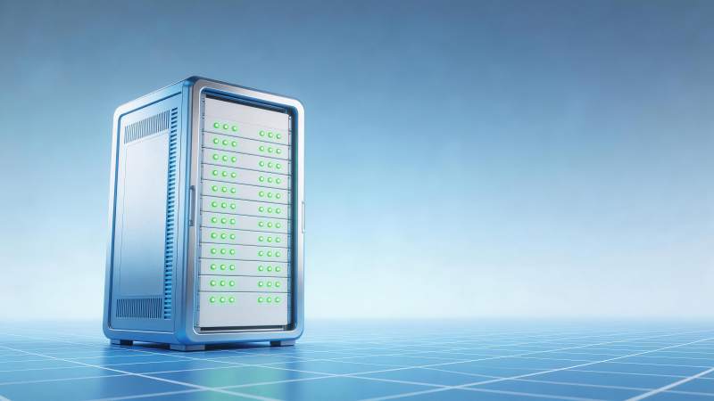 银色服务器机柜亮着绿色指示灯置于网格地面图片