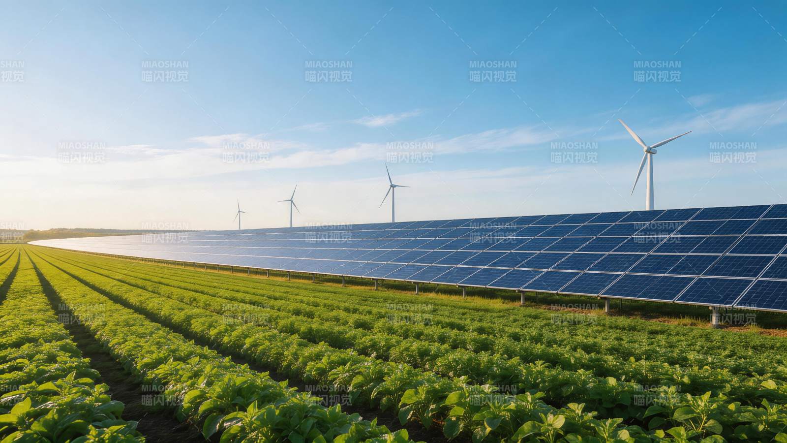 农田旁排列整齐的太阳能板与风力发电机图片