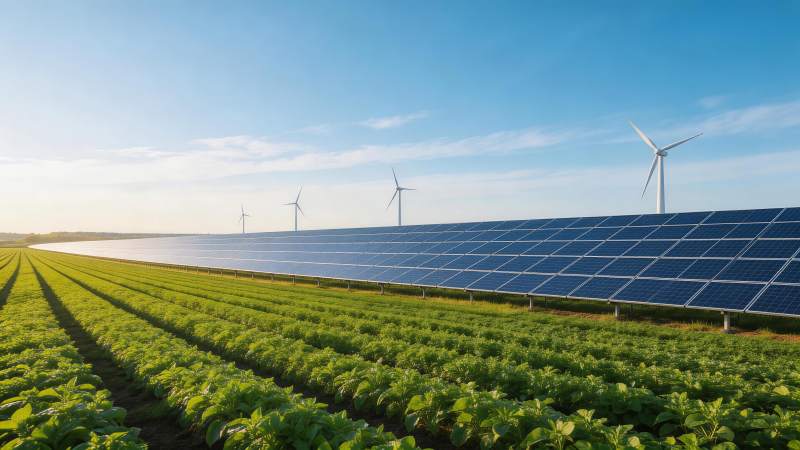 农田旁排列整齐的太阳能板与风力发电机图片