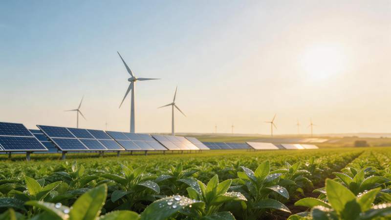 农田中太阳能板与风力发电机并列运行图片