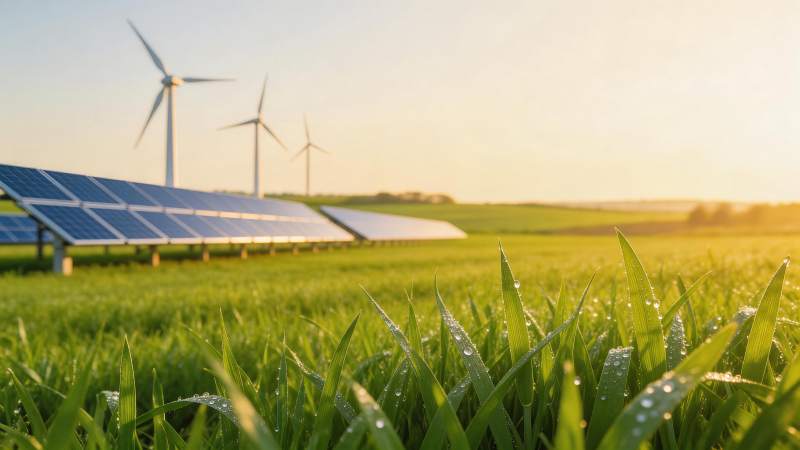 清晨田野中太阳能板与风力发电机并列运行图片