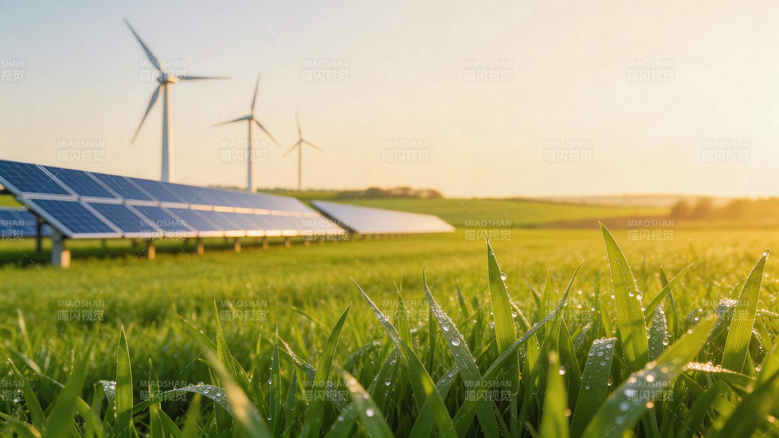 清晨田野中太阳能板与风力发电机并列运行图片
