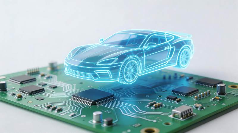 电路板上悬浮的蓝色线框跑车模型图片