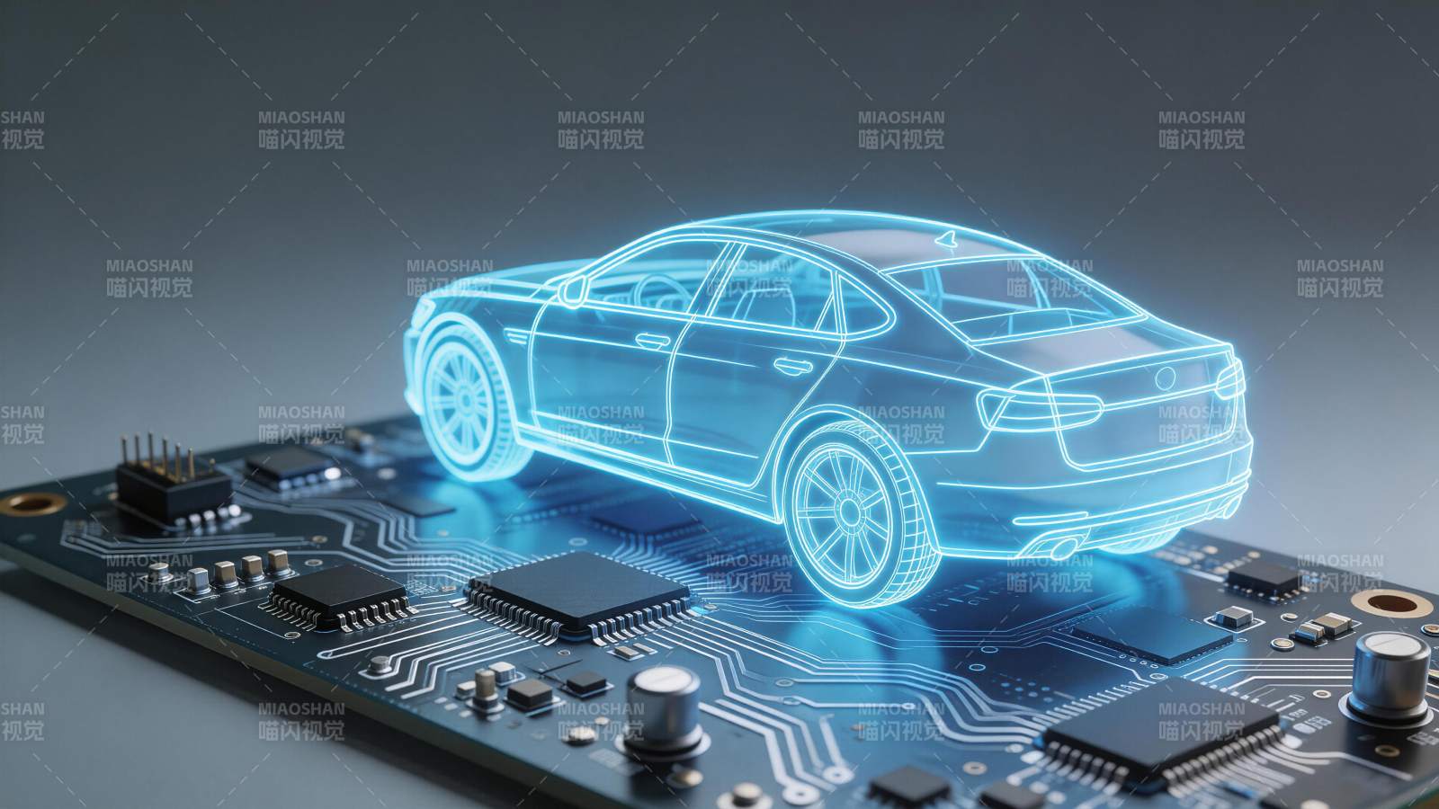 蓝色全息汽车模型悬浮于电路板之上图片