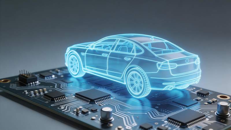 蓝色全息汽车模型悬浮于电路板之上图片