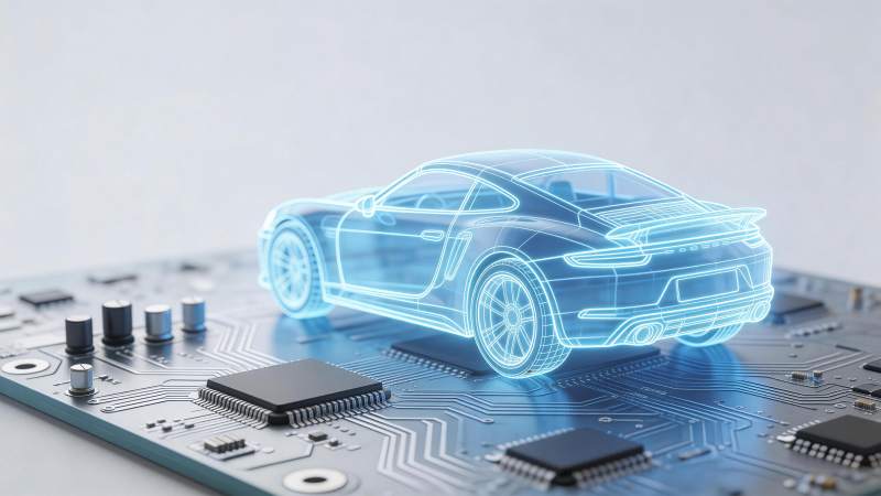 电路板上悬浮的蓝色线框跑车模型图片