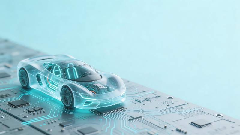 透明概念车置于电路板上的科技展示图图片