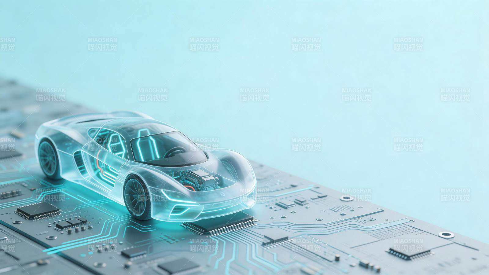 透明概念车置于电路板上的科技展示图图片