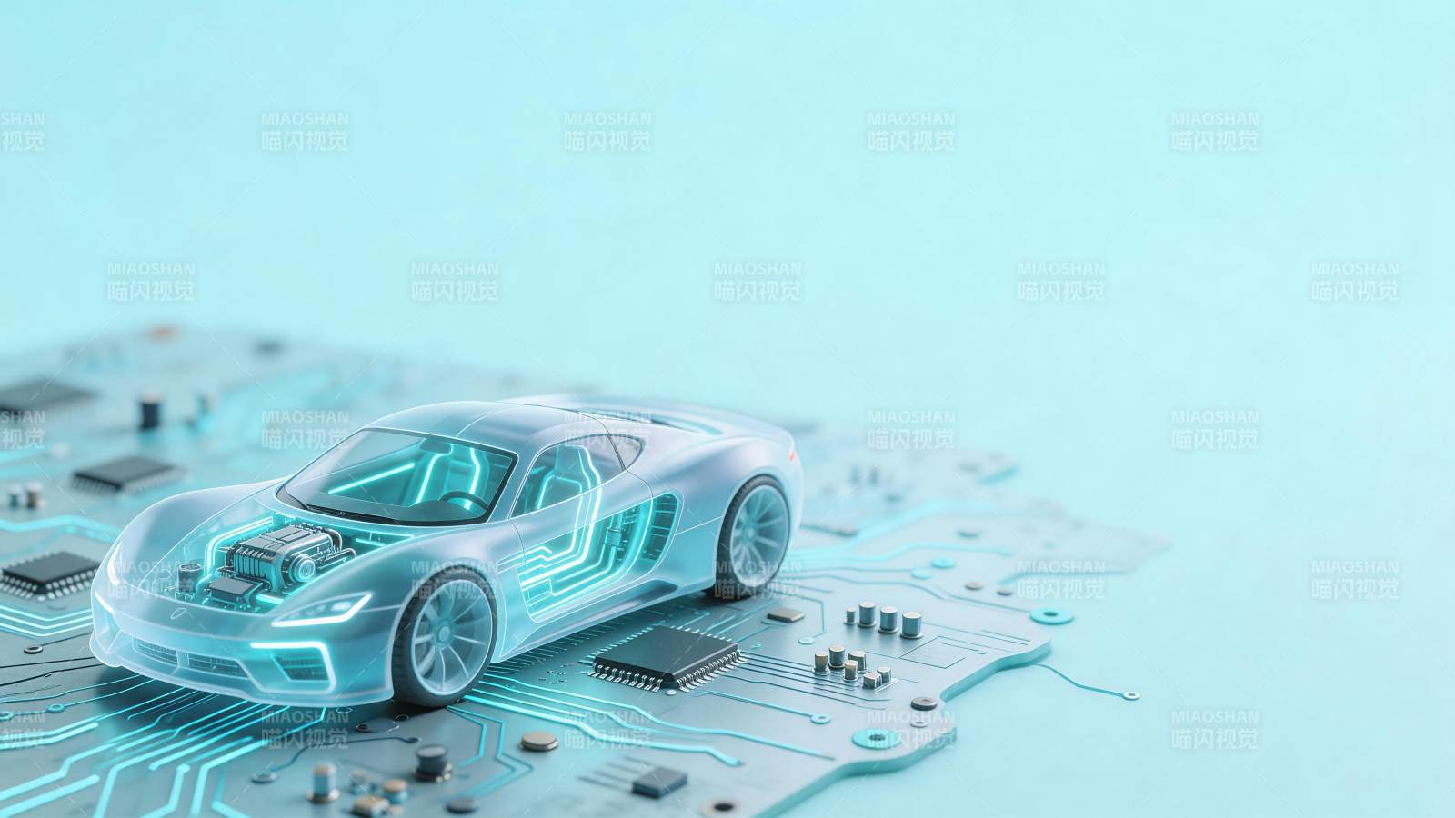 透明跑车模型置于电路板上的科技概念图图片