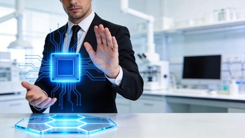 商务人士操作全息芯片投影设备图片