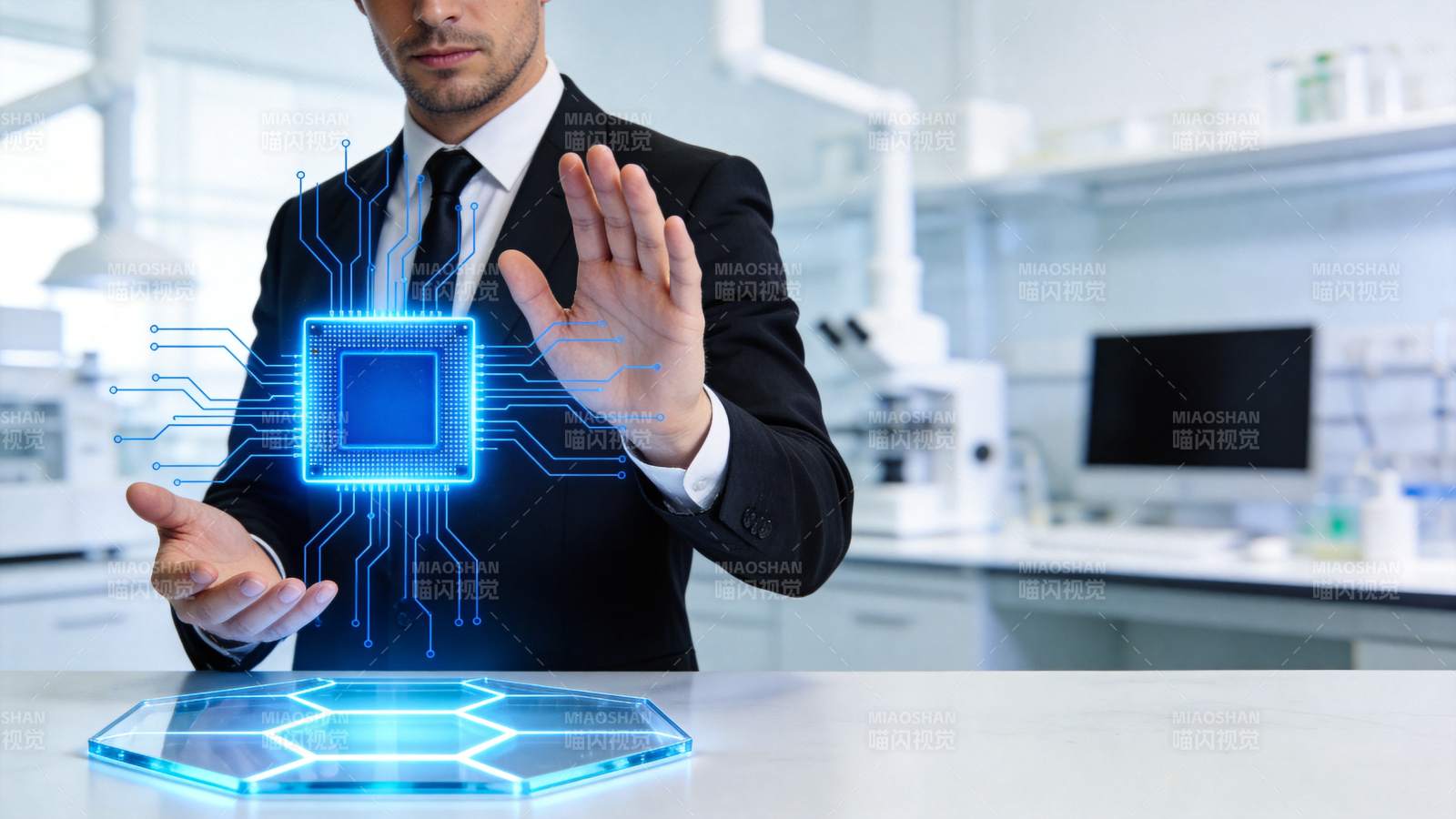 商务人士操作全息芯片投影设备图片