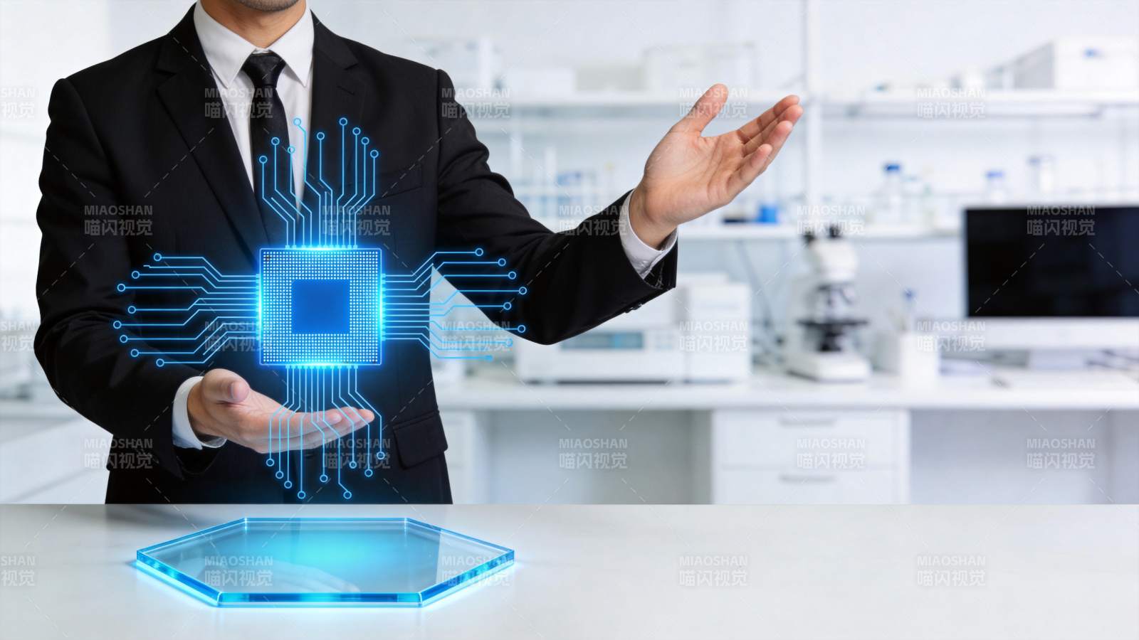 商务人士展示蓝色发光芯片全息投影图片