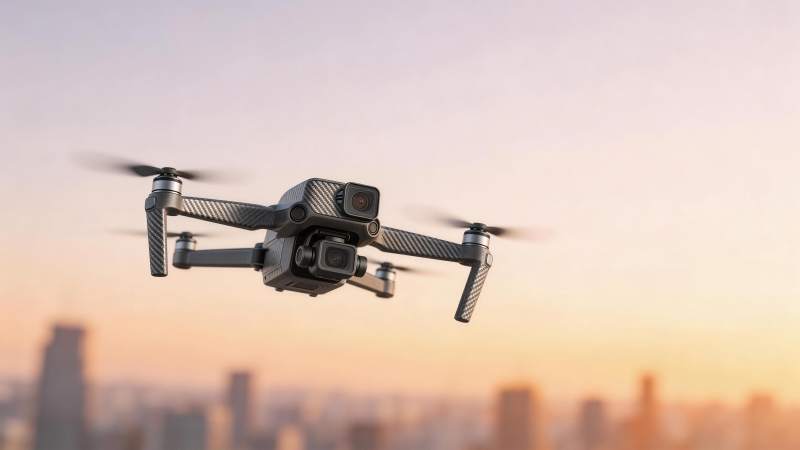 碳纤维四轴无人机空中悬停拍摄城市景观图片