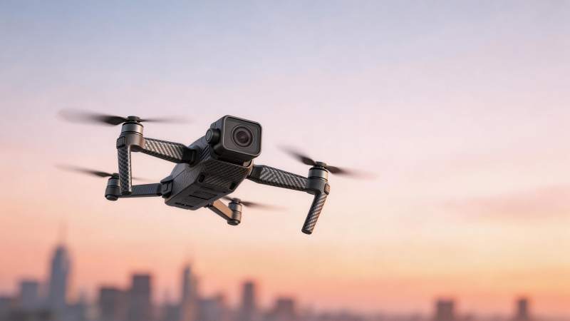 碳纤维无人机携带相机在城市上空飞行图片