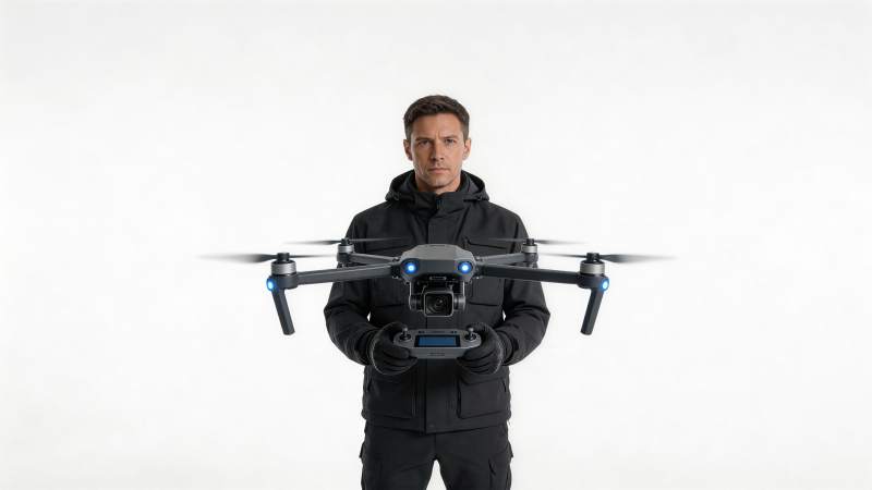 男子手持无人机与遥控器正面展示图片