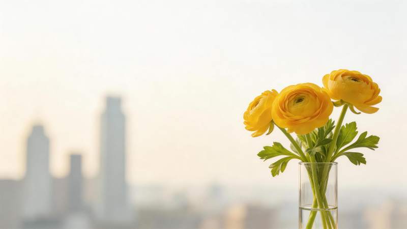 黄色毛茛插在玻璃花瓶中背景为城市高楼图片